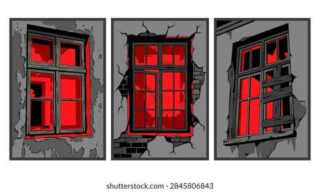 Three damaged windows with bright red illumination behind them, set against a cracked textured wall.