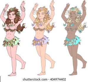 Three dance girls or different style vector illustration.