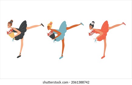 Three dancing ballerinas holding a bouquet in their hands. Vector illustration 