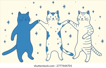 Three dancing cats hand drawn doodle vector illustration