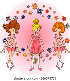 Three dancing girls in a frame of flowers vector illustration
