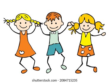 Three dancing kids, two girls and one boy, vector illustration