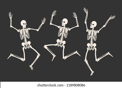 Three dancing skeletons isolated on a black background. Happy Halloween. Vector illustration