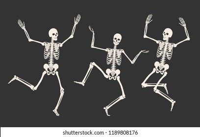 Three dancing skeletons isolated on a black background. Happy Halloween. Vector illustration