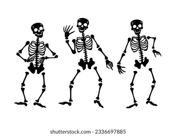 Three dancing skeletons isolated on a white background. Happy Halloween