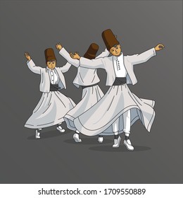 Three Dancing Whirling Dervishes in Traditional Costume (Sikke, Vest, Tennure, Black Belt, Khuff)