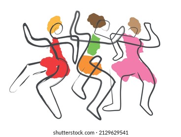 Three dancing women, dance party, line art.
Abstract expressive Illustration of dancers. Continuous Line Drawing. Vector available.