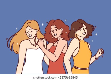 Three dancing women in evening dresses participate in birthday party or disco. Girls in elegant carnival clothes enjoy visiting bachelorette party with energetic dancing and loud music