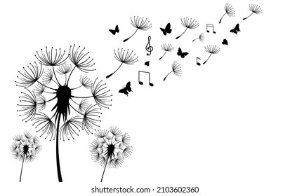 Three dandelions blowing in the wind.Black silhouette with flying dandelion buds  