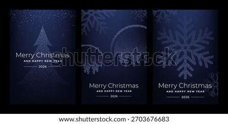Three dark blue Christmas cards with dot art style winter elements for holiday season greeting card design. Merry Christmas and Happy New Year wishes.