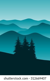 Three dark blue green pine trees on the background panorama of mountains in the mist. Vector Background.