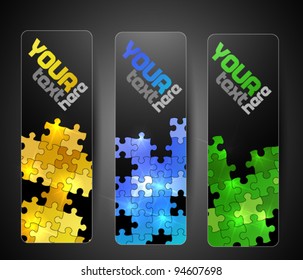 Three dark cards with color pieces of puzzle