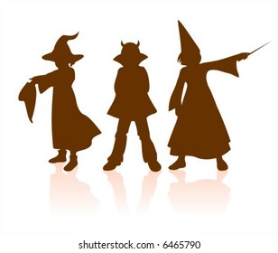 Three dark children's silhouettes in Halloween dress: a witch, a devil and the fairy.