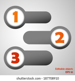 Three dark color circle and strip labels collection with numbers on the light background ready to edit. Vector illustration.