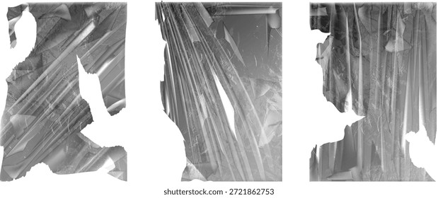 Tres bloques oscuros y fragmentados crean un arreglo abstracto con una apariencia texturizada y visualmente llamativa.