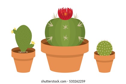Three Dark Green Prickly Potted Cactus Blooming Plant Clip Art Set