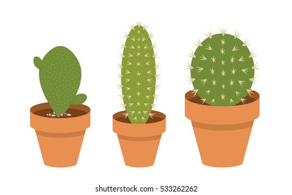 Three Dark Green Prickly Potted Cactus Plant Clip Art Set