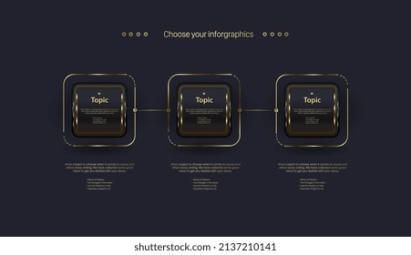 Three Dark Luxury Steps Buttons Infographic With FIVE Options Process, A Golden Rectangle Objects Chart On Dark Background