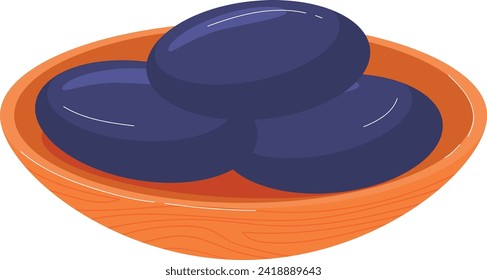 Three dark purple stones stacked in an orange bowl, spa concept stones, relaxation and wellness setting vector illustration.