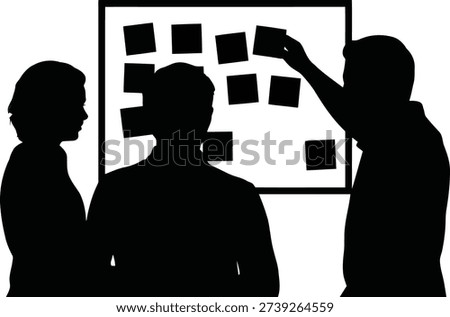 Three dark silhouettes of individuals in a meeting, brainstorming with sticky notes on a board, depicting team collaboration.