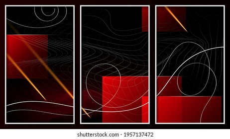 three dark vector abstract images in thin white frames. art triptych. overlapping white flowing stripes, translucent red shapes, flying meteorites on a black background. vector 