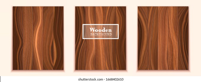 Three dark wood textured backgrounds in the form of wooden boards. Realistic vector boards.