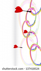 Three dart hitting the center of a color target in a row, vector image over white and lines background