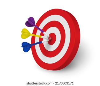 Three darts hitting the target isolated on white background 3D realistic vector illustration