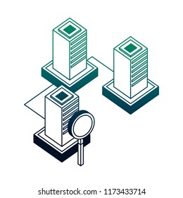 three database center storage network magnifying glass