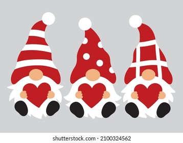 Three Valentine’s day gnomes with polka dot and stripes hats holding hearts vector illustration.