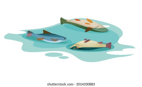 Three dead fish floating surface the poisoned water  Concept environmental pollution  Vector flat illustration