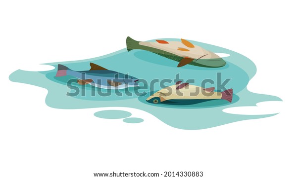 Three\
dead fish floating on surface of the poisoned water. Concept of\
environmental pollution. Vector flat\
illustration