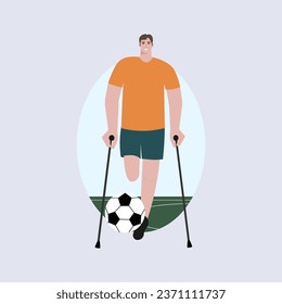 Drei Dezember Welt Tag der Behinderten Vektorgrafik Logo Design. Ein Mann ohne Bein auf Krücken spielt Fußball