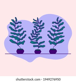 Drei Laubpflanzen in Töpfen, Skizze-Illustration. Grünpflanzendesign der Branchen