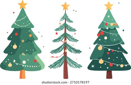 Tres árboles de Navidad decorados con adornos festivos y estrellas