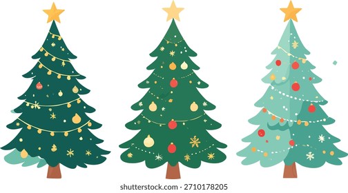 Três árvores de Natal decoradas com Star Toppers e ornamentos festivos em