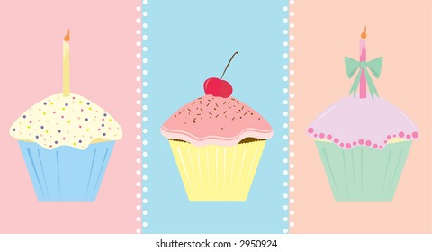 Three decorated cupcakes in mixed pastels. May be used separately or together, with or without background.