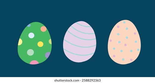 Three decorated Easter eggs with pastel colors on a dark blue background. Great for holiday designs, greeting cards, and digital art.	