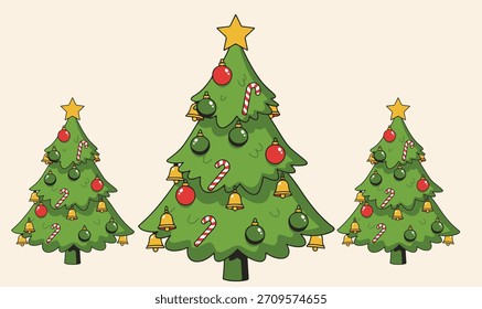 Três árvores de Natal decoradas: gráfico festivo para cartões e design