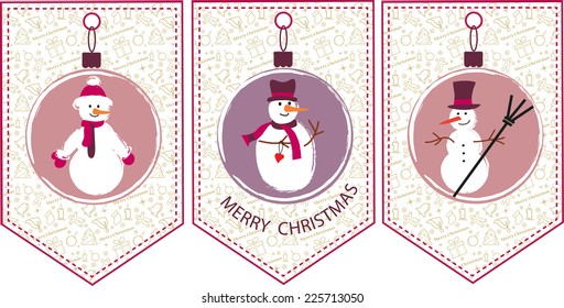 three decoration   Christmas balls with snowmen. seasonal card