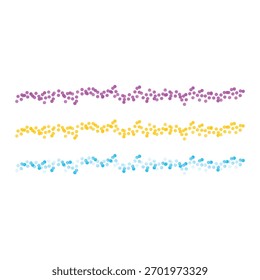 Tres bordes decorativos de confeti colorido y brillo sobre un fondo blanco