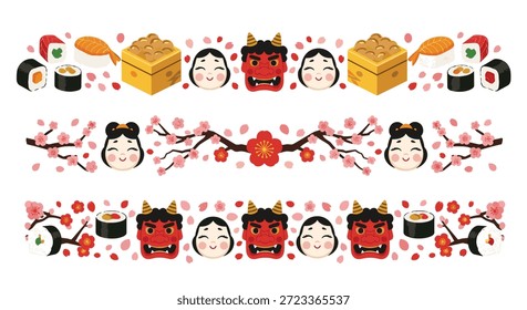 Três bordas decorativas com itens do festival setsubun, incluindo máscaras de demônio feijão sushi e flores de cereja.