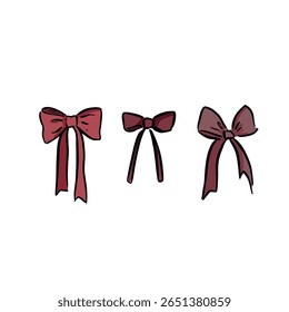Tres lazos decorativos dibujados a mano en un tono burdeos rosa oscuro.