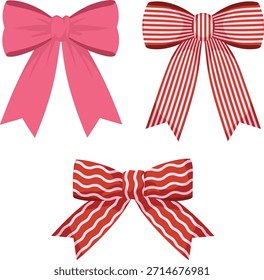 Three decorative bows one pink two striped red and white