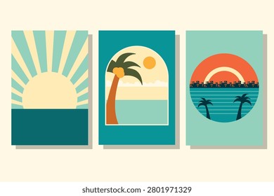 Three decorative cards display vintage-style flat art. One features a sunrise, another a palm tree by the ocean, and the third a sunset over water with a city and palm trees.