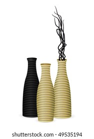 Three decorative ceramic vases with dried wood branches. Vector illustration