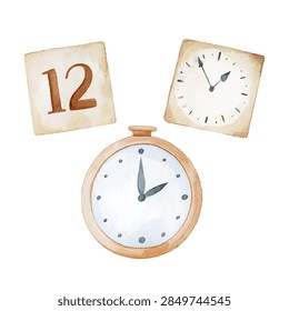 Three decorative clock illustrations with the number twelve a round face and a pocket watch
