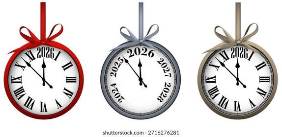 Tres relojes decorativos con arcos que muestran la cuenta regresiva de medianoche para el año 2026, perfectos para temas de Año Nuevo. Ilustración vectorial.