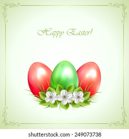 Three decorative Easter eggs with flowers on green background, illustration.