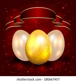 Three decorative Easter eggs on red background and ribbon, illustration.
